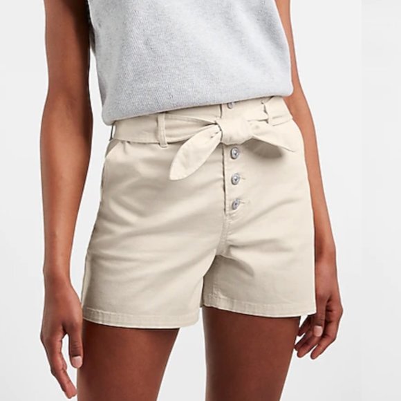 Express Super High Waisted Button Fly Twill Shorts, Sandshell - Picture 1 of 2